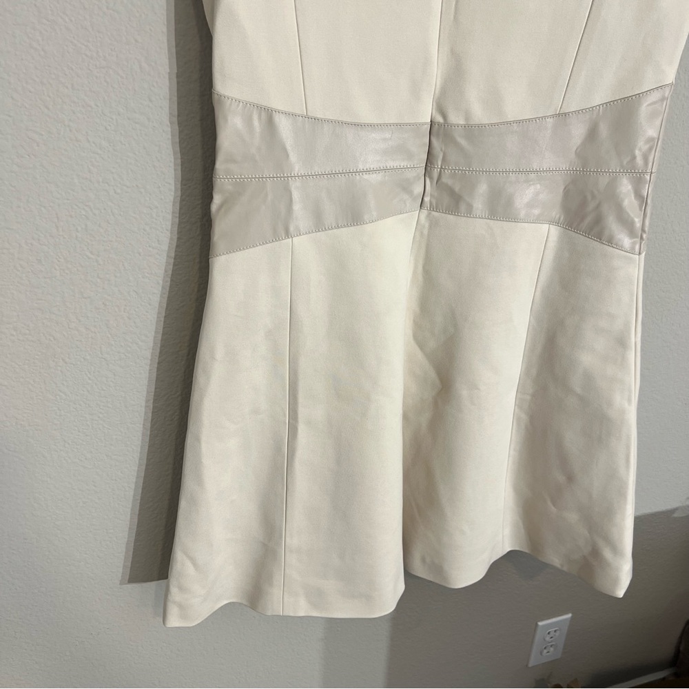 NWT Karen Millen Ponte Faux leather A line flippy mini dress 12 Tall beige - Picture 12 of 13
